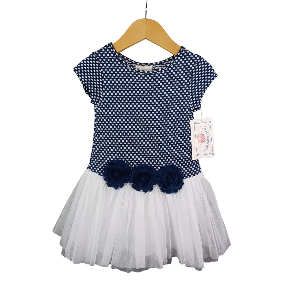 Marmellata Girls‎ Polka Dot Flower Applique Mesh Tulle Dress Size 2T Navy White